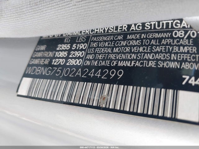 Продаж на аукціоні авто 2002 Mercedes-benz S 500, vin: WDBNG75J02A244299, номер лоту: 44717113