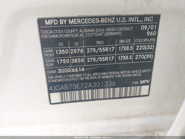 Aukcja sprzedaży 2002 Mercedes-benz Ml 500, vin: 4JGAB75E72A301336, numer aukcji: 44717148