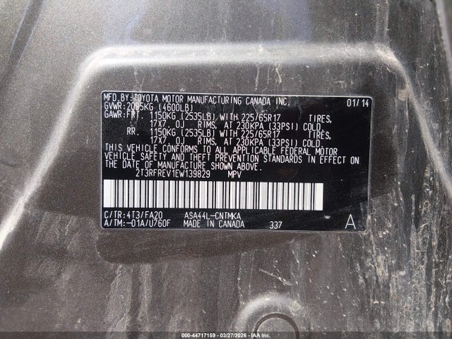 2T3RFREV1EW139829 Toyota Rav4 Xle