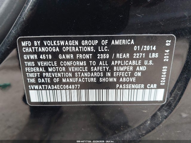 Продаж на аукціоні авто 2014 Volkswagen Passat 1.8t S, vin: 1VWAT7A34EC064977, номер лоту: 44717184