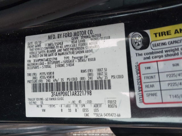 Продажа на аукционе авто 2010 Ford Fusion Sport, vin: 3FAHP0KC1AR321798, номер лота: 44717198