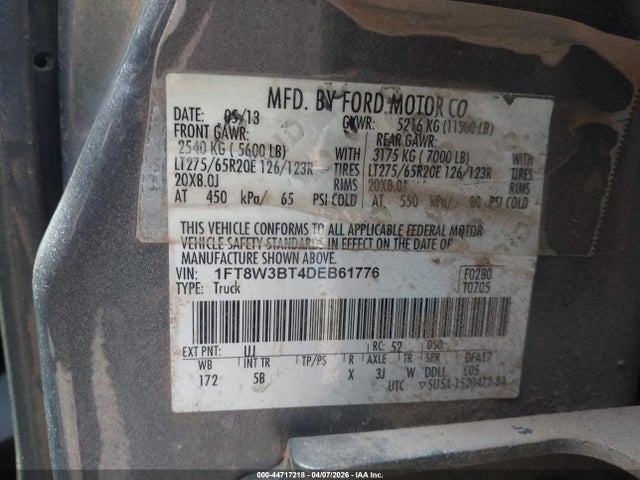 44717218 :رقم المزاد ، 1FT8W3BT4DEB61776 vin ، 2013 Ford F-350 Lariat مزاد بيع