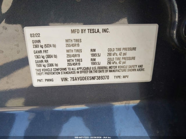 Aukcja sprzedaży 2022 Tesla Model Y Long Range Dual Motor All-wheel Drive, vin: 7SAYGDEE5NF389370, numer aukcji: 44717223