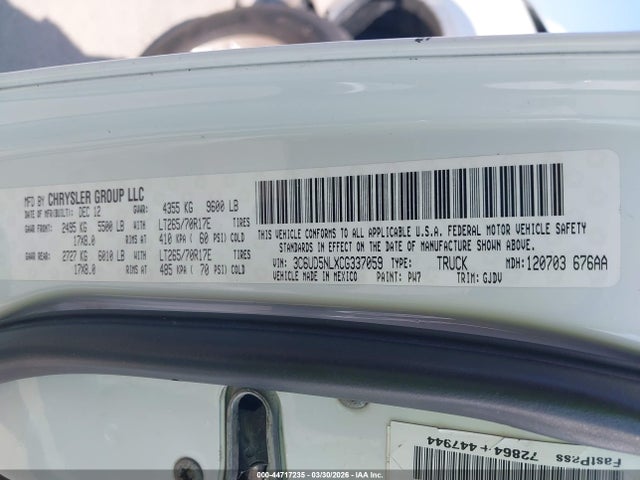 Aukcja sprzedaży 2012 Ram 2500 Laramie, vin: 3C6UD5NLXCG337059, numer aukcji: 44717235