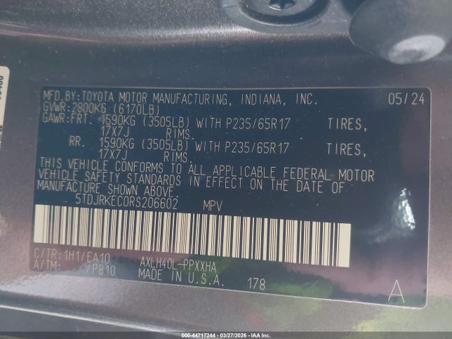 44717244 :رقم المزاد ، 5TDJRKEC0RS206602 vin ، 2024 Toyota Sienna Xle مزاد بيع