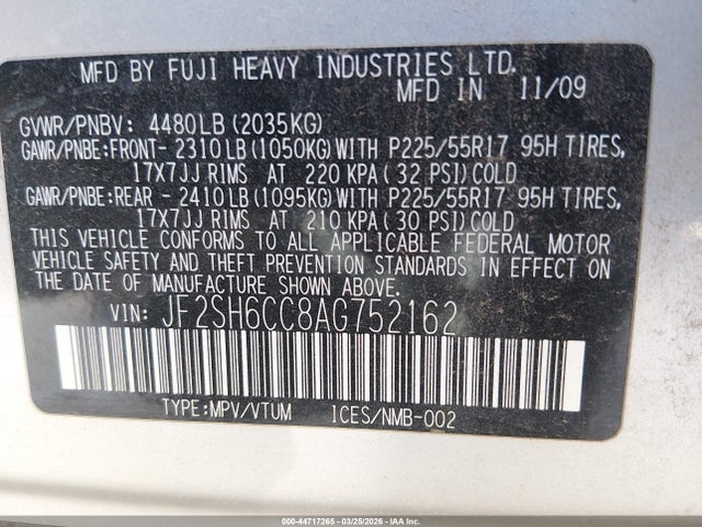 44717265 :رقم المزاد ، JF2SH6CC8AG752162 vin ، 2010 Subaru Forester 2.5x Premium مزاد بيع
