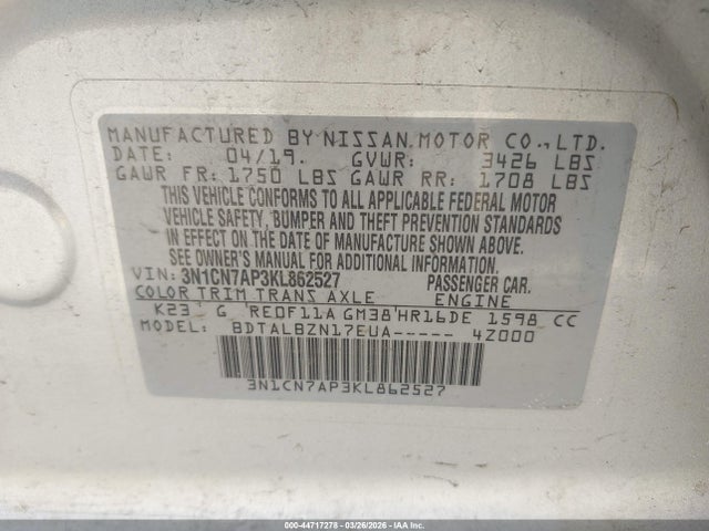 2019 Nissan Versa 1.6 Sv მანქანა იყიდება აუქციონზე, vin: 3N1CN7AP3KL862527, აუქციონის ნომერი: 44717278