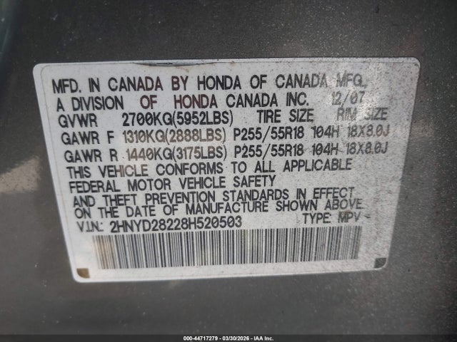 Продажа на аукционе авто 2008 Acura Mdx, vin: 2HNYD28228H520503, номер лота: 44717279