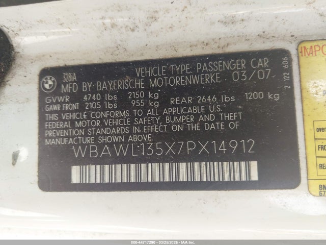 Aukcja sprzedaży 2007 Bmw 328i, vin: WBAWL135X7PX14912, numer aukcji: 44717290