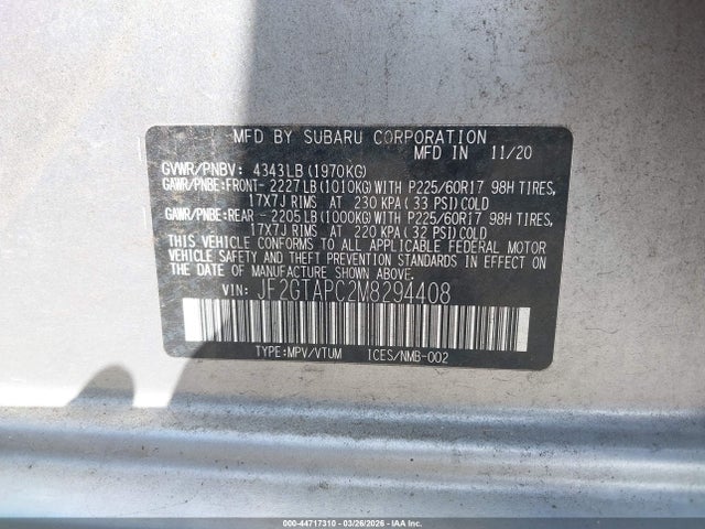 Aukcja sprzedaży 2021 Subaru Crosstrek Premium, vin: JF2GTAPC2M8294408, numer aukcji: 44717310