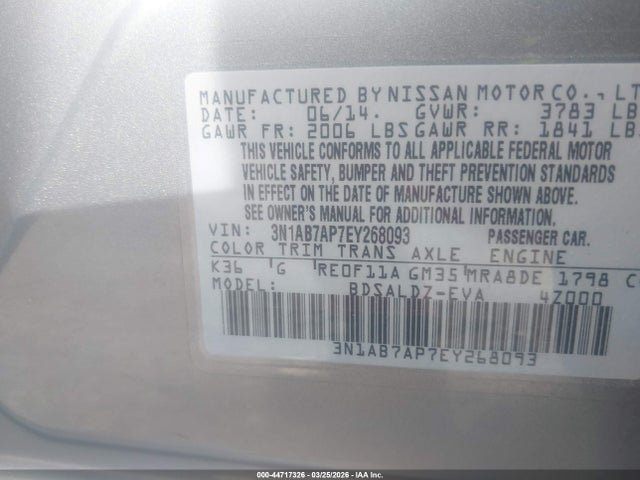2014 Nissan Sentra Sv მანქანა იყიდება აუქციონზე, vin: 3N1AB7AP7EY268093, აუქციონის ნომერი: 44717326