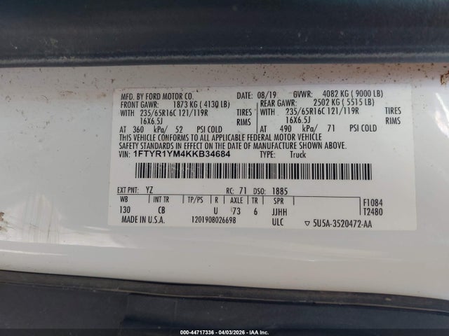 Продажа на аукционе авто 2019 Ford Transit-250, vin: 1FTYR1YM4KKB34684, номер лота: 44717336