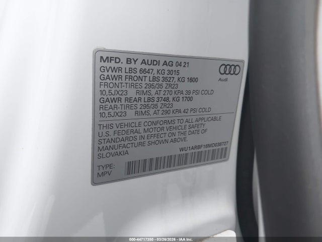 Продажа на аукционе авто 2021 Audi Rs Q8 Tfsi Quattro Tiptronic, vin: WU1ARBF16MD038727, номер лота: 44717350