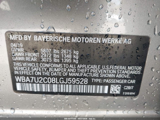 44717358 :رقم المزاد ، WBA7U2C08LGJ59528 vin ، 2020 Bmw 750i Xdrive مزاد بيع