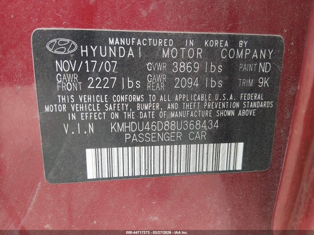 44717373 :رقم المزاد ، KMHDU46D88U368434 vin ، 2008 Hyundai Elantra Gls/se مزاد بيع