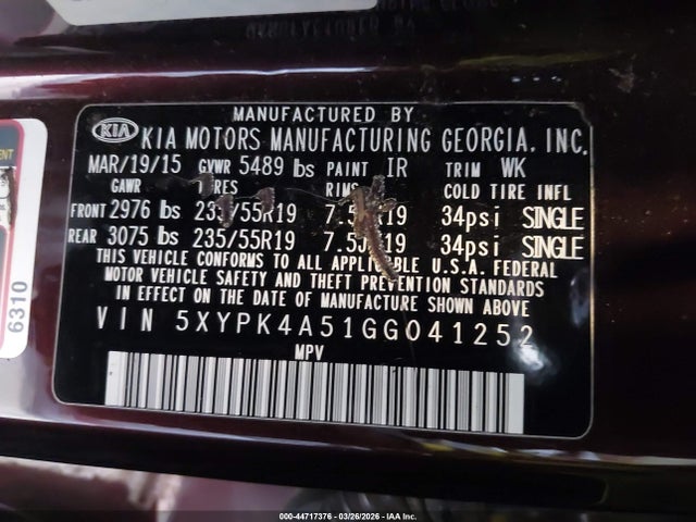 Aukcja sprzedaży 2016 Kia Sorento 3.3l Sx, vin: 5XYPK4A51GG041252, numer aukcji: 44717376
