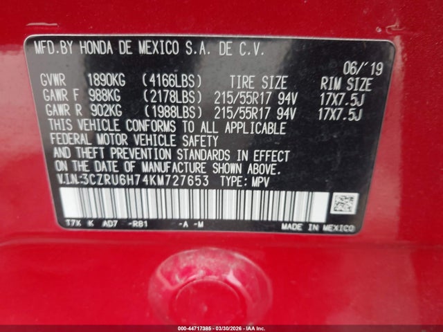 3CZRU6H74KM727653 Honda Hr-v Ex-l