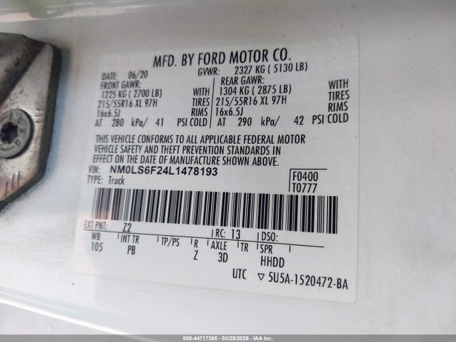 44717395 :رقم المزاد ، NM0LS6F24L1478193 vin ، 2020 Ford Transit Connect Xlt مزاد بيع