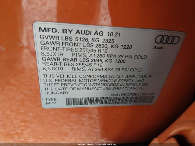 Продажа на аукционе авто 2022 Audi Q3 Premium 45 Tfsi S Line Quattro Tiptronic, vin: WA1DECF35N1047591, номер лота: 44717401