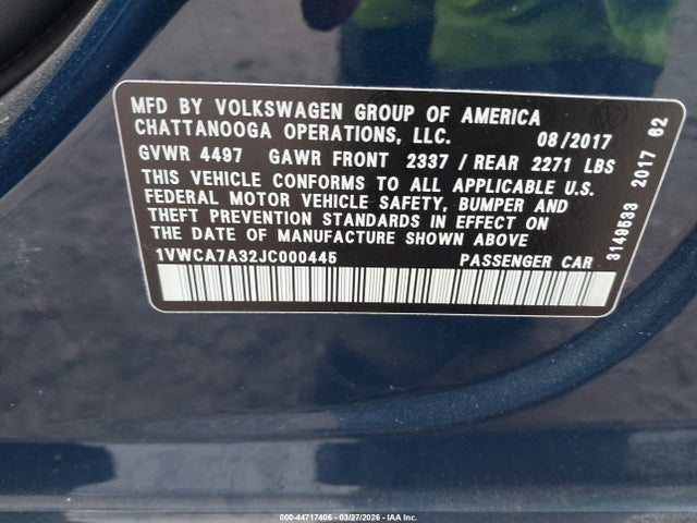 Продаж на аукціоні авто 2018 Volkswagen Passat 2.0t Sel Premium, vin: 1VWCA7A32JC000445, номер лоту: 44717406