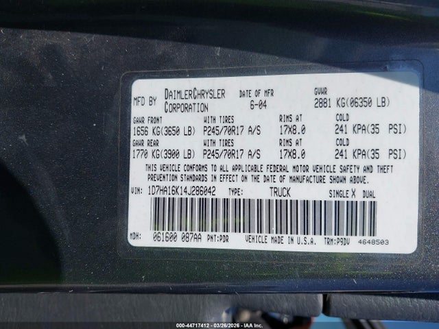 44717412 :رقم المزاد ، 1D7HA16K14J286042 vin ، 2004 Dodge Ram 1500 St مزاد بيع