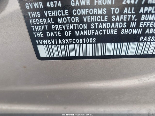 44717414 :رقم المزاد ، 1VWBV7A3XFC061002 vin ، 2015 Volkswagen Passat 2.0l Tdi Se مزاد بيع