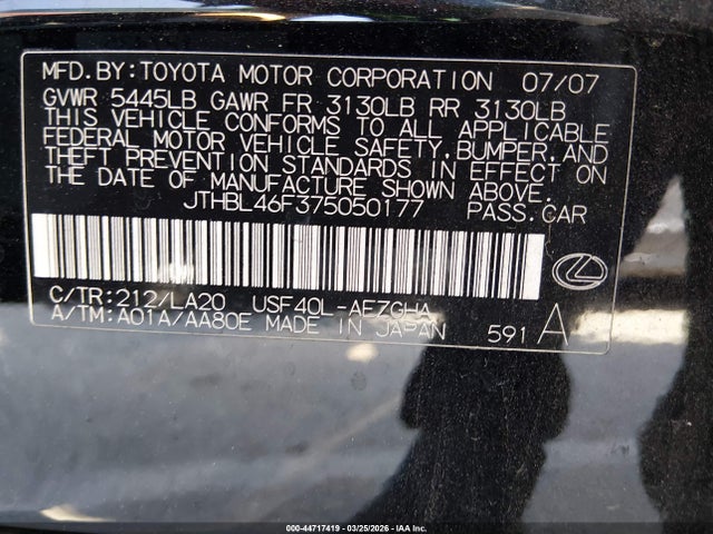 Aukcja sprzedaży 2007 Lexus Ls 460, vin: JTHBL46F375050177, numer aukcji: 44717419