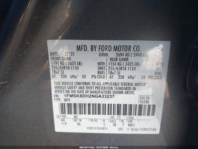 Продажа на аукционе авто 2022 Ford Explorer Xlt, vin: 1FMSK8DH2NGA33237, номер лота: 44717423