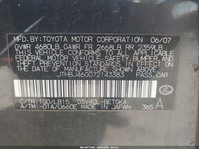 Aukcja sprzedaży 2007 Lexus Es 350, vin: JTHBJ46G072143383, numer aukcji: 44717450