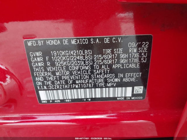 Aukcja sprzedaży 2023 Honda Hr-v 2wd Ex-l, vin: 3CZRZ1H71PM710787, numer aukcji: 44717451