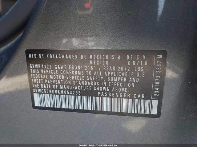 Продаж на аукціоні авто 2019 Volkswagen Jetta 1.4t R-line/1.4t S/1.4t Se, vin: 3VWC57BU0KM053298, номер лоту: 44717452