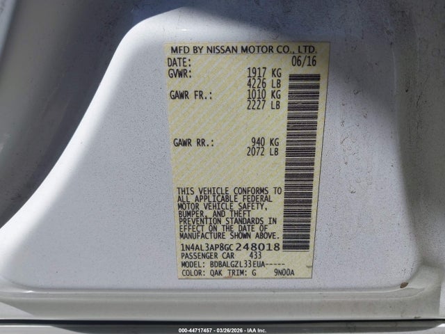 1N4AL3AP8GC248018 Nissan Altima 2.5/2.5 S/2.5 Sl/2.5 Sr/2.5 Sv