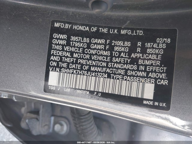Продаж на аукціоні авто 2018 Honda Civic Ex-l, vin: SHHFK7H76JU413234, номер лоту: 44717467