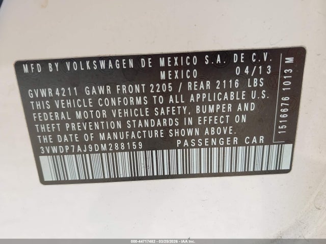 Продаж на аукціоні авто 2013 Volkswagen Jetta 2.5l Se, vin: 3VWDP7AJ9DM288159, номер лоту: 44717482
