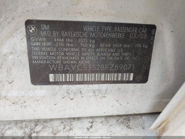 44717492 :رقم المزاد ، WBAVC53528FZ89071 vin ، 2008 Bmw 328i مزاد بيع