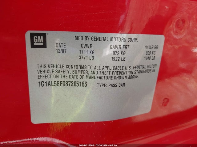 2008 Chevrolet Cobalt Lt მანქანა იყიდება აუქციონზე, vin: 1G1AL58F987205166, აუქციონის ნომერი: 44717505