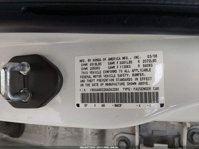 Aukcja sprzedaży 2006 Acura Tl, vin: 19UUA66226A042281, numer aukcji: 44717514