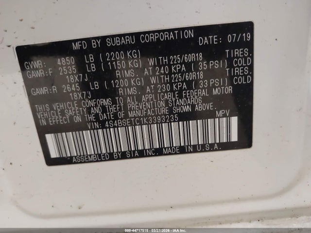 2019 Subaru Outback მანქანა იყიდება აუქციონზე, vin: 4S4BSETC1K3393235, აუქციონის ნომერი: 44717515