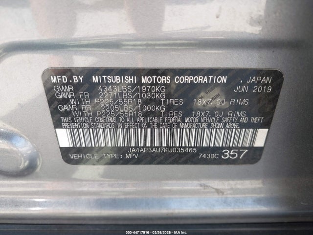 Продаж на аукціоні авто 2019 Mitsubishi Outlander Sport 2.0 Es, vin: JA4AP3AU7KU035465, номер лоту: 44717516