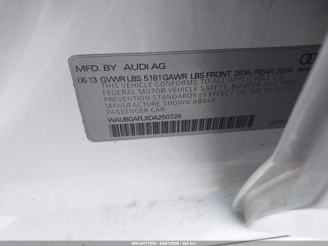 44717520 :رقم المزاد ، WAUBGAFLXDA250726 vin ، 2013 Audi S4 3.0t Premium Plus مزاد بيع