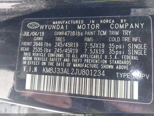 2018 Hyundai Tucson Sport მანქანა იყიდება აუქციონზე, vin: KM8J33AL2JU801234, აუქციონის ნომერი: 44717533