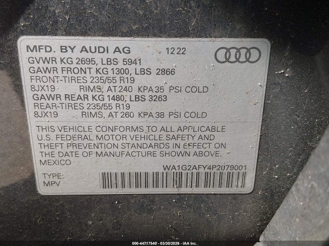 44717540 :رقم المزاد ، WA1G2AFY4P2079001 vin ، 2023 Audi Q5 Premium 55 Tfsi E S Line Quattro S Tronic مزاد بيع