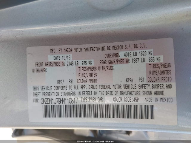 Aukcja sprzedaży 2017 Mazda Mazda3 Sport, vin: 3MZBN1U79HM110817, numer aukcji: 44717547