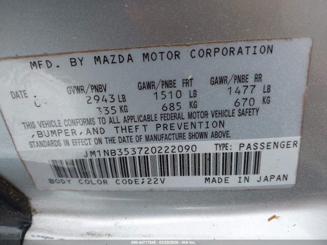 Продаж на аукціоні авто 2002 Mazda Mx-5 Miata Cloth/ls/se, vin: JM1NB353720222090, номер лоту: 44717548