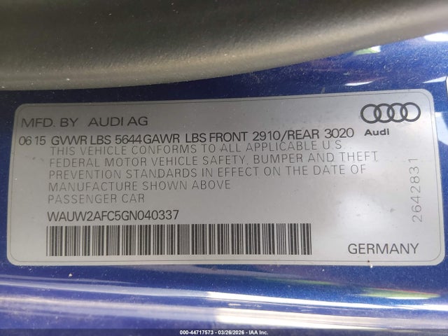 Aukcja sprzedaży 2016 Audi S7 4.0t, vin: WAUW2AFC5GN040337, numer aukcji: 44717573