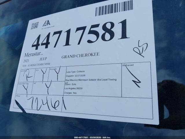 44717581 :رقم المزاد ، 1C4RJKETXM8174944 vin ، 2021 Jeep Grand Cherokee L Summit Reserve 4x4 مزاد بيع