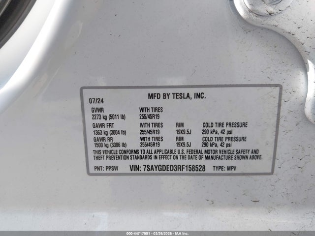 Продажа на аукционе авто 2024 Tesla Model Y Long Range Single Motor Rear-wheel Drive/rwd, vin: 7SAYGDED3RF158528, номер лота: 44717591