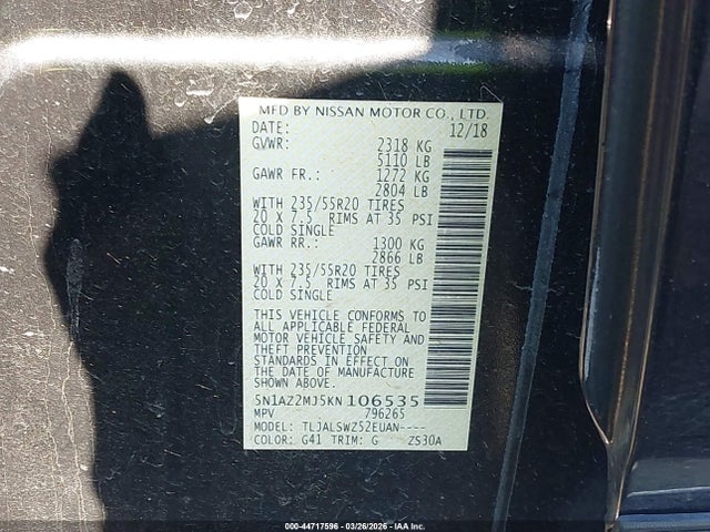 Aukcja sprzedaży 2019 Nissan Murano Platinum, vin: 5N1AZ2MJ5KN106535, numer aukcji: 44717596