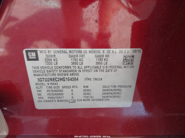 Aukcja sprzedaży 2017 Gmc Sierra 1500 Slt, vin: 3GTU2NEC2HG164384, numer aukcji: 44717612