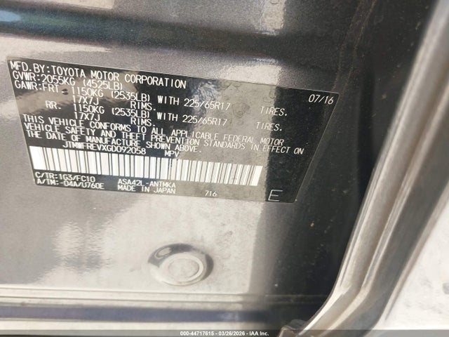 Продажа на аукционе авто 2016 Toyota Rav4 Xle, vin: JTMWFREVXGD092058, номер лота: 44717615